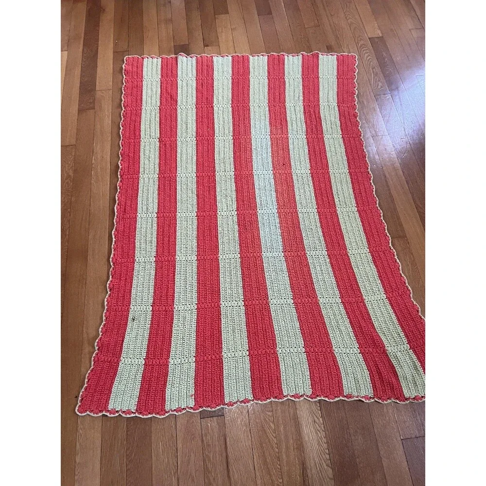 Handmade Crochet Striped Afghan Blanket Lap Throw 71x50 Coral Green Cottage